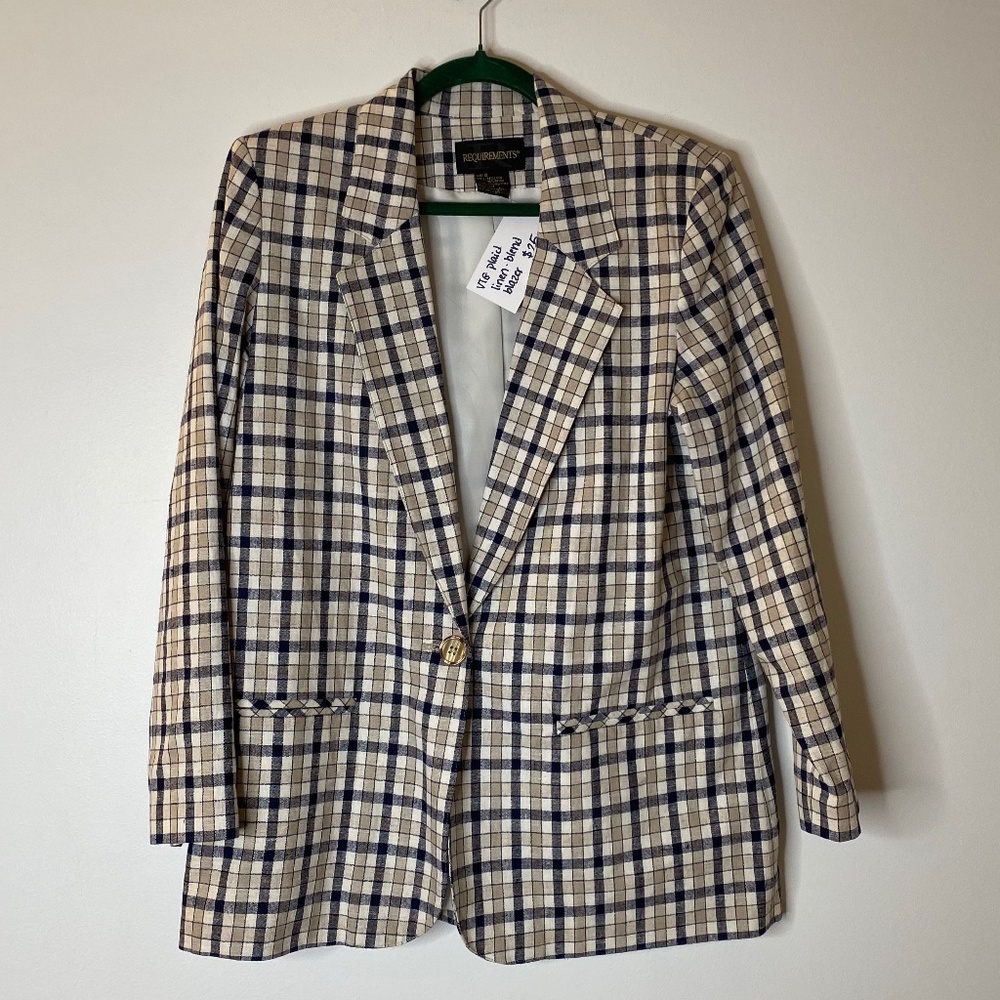 VINTAGE REQUIREMENTS Linen Blend Plaid One Button Blazer Size Medium